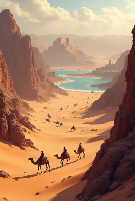 Wadi with sand dunes, brown mountains in the background, camels and Arab castles and coast with brown cliffs