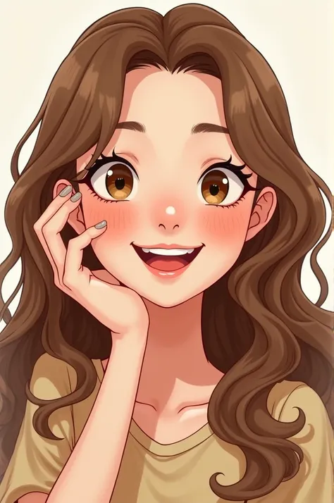 Cartoon of a woman with brownish blonde hair fair skin brown eyes with makeup on and freckles holding a hand on her face winking and smiling with long hair 