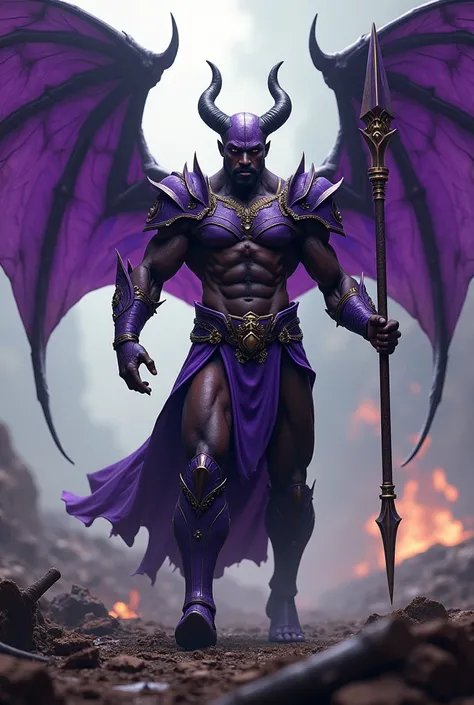 African America muscled demon, with horns and wings, in purple armor with a spear, very sexy and nsfw, standing on a battlefield