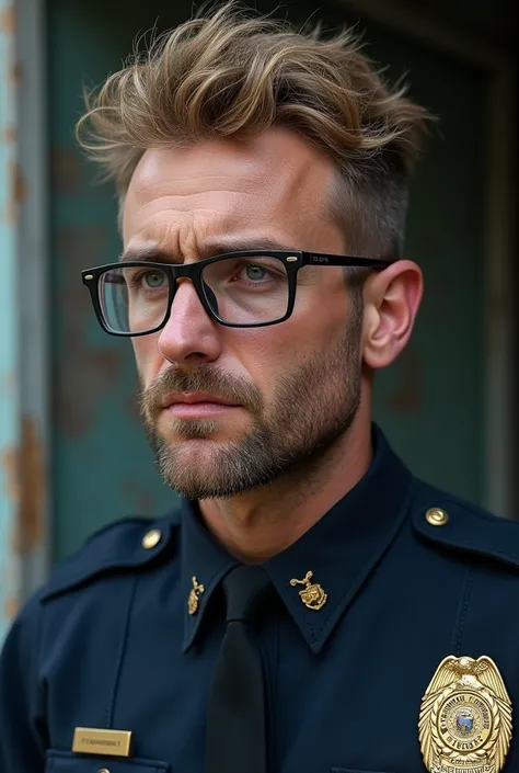 Male Seattle police officer in his 30s, with stubble, tired blue eyes, dirty blonde messy hair and stern facial expression, thin lips and sharp jawline, slightly pale skin, wearing corrective glasses and uniform, picture showed from his side profile. 