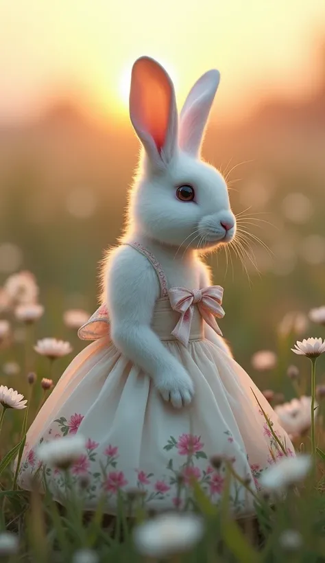  The same ultra-realistic white rabbit , now seated sideways ,  at an angle that highlights the dress  "spring"  with floral details and bows .  The background is still the flowery field ,  but with a faint golden glow from the sun at dusk.  The rabbit is ...