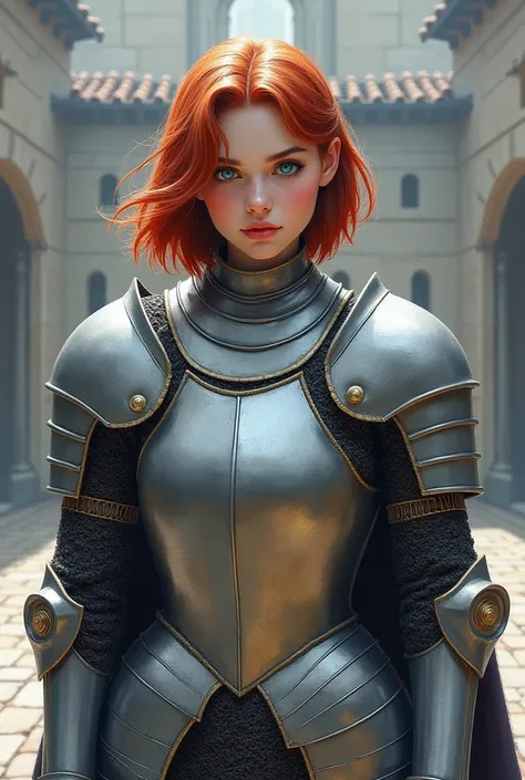 Girl with red short shoulder-length hair, blue eyes, soft pencil drawing, realistic art, pastel colors of the drawing, knight girl standing full-length on the palace square, dressed in heavy protazan, deep shadows, aesthetic, beautiful, 16k, eye and face d...