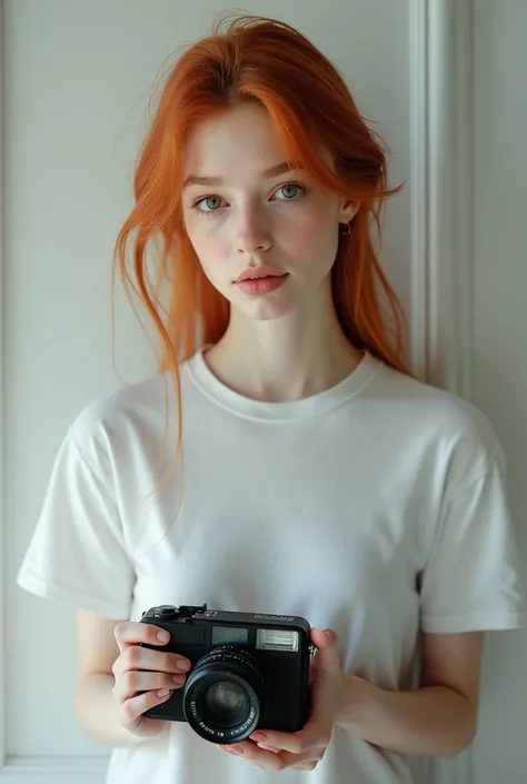 A girl with pale red hair as snow in a white t-shirt and a black camera with brown eyes 