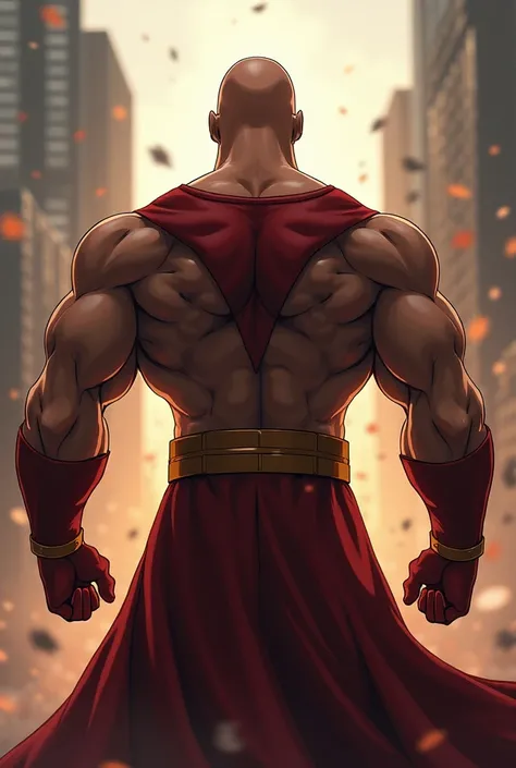 Saitama, back facing me, Superhero pose.