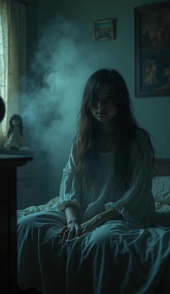 "A dark,  creepy room with those sitting on the bed ,  her eyes full of fear .  The room is filled with thick ,  ghostly mist swirling around the old doll on the shelf. to faint,  glowing words materialize in the air , I want to be free , as whispers inten...