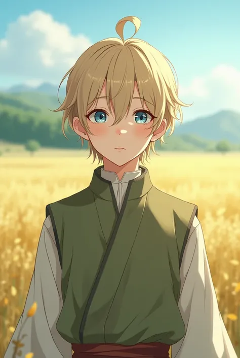 Aristocrat boy, healing monk, softer face, 30 years old, slightly Asian appearance, wearing a turtleneck with a vest over it, hair below the shoulders, very long wavy light wheat hair, looking directly at the camera, very thin, very narrow shoulders, blue ...