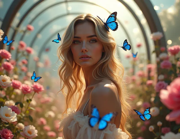 horizontal image. Full body portrait .  Realistic Image, aesthetics.  Attention to detail,  detailed image , romantic and harmonious atmosphere, fashion, luxury.  Pose half a profile . Diagonal focus .  The wavy hair of a person where some butterflies perc...