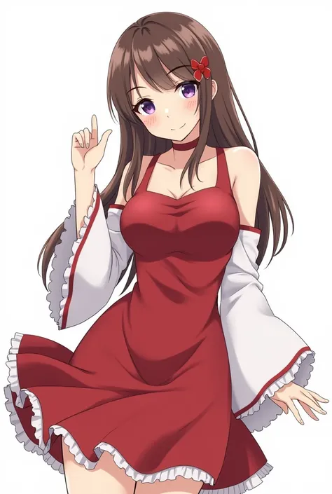 score_9, score_8_up, score_7_up, score_6_up, best quality, hd, 8k masterpiece, 1girl, long hair, brown hair, purple eyes, smug, thick eyebrows, huge breasts, white sleeves, wide sleeves, red skirt, frilled skirt, red dress, sleeveless dress, choker, simple...