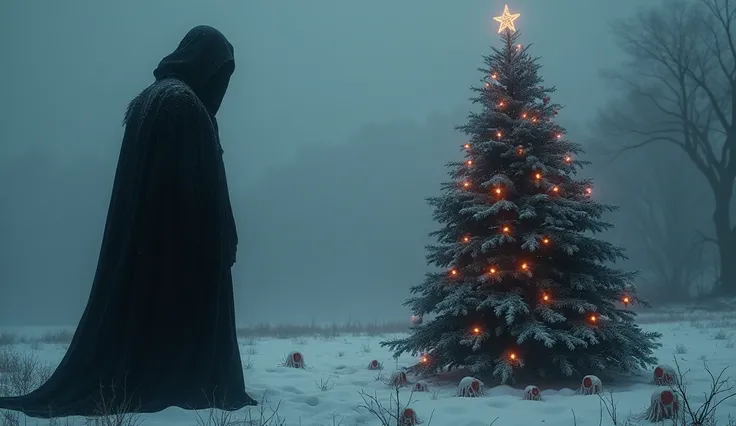 a creepy horror christmas tree and a black hooded figure standing beside it on a creepy snowy horror area