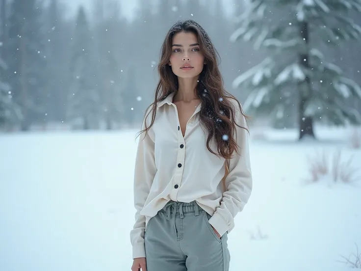 35 years old, sexy, full body, feminine, , big breasts, big ass. A hyper-realistic, cinematic 8K image of a 25-year-old woman standing in a snowy landscape with snow falling gently around her. She is dressed in light clothing, such as a long-sleeved shirt ...