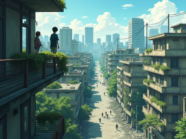 city destroyed by an apocalypse ,  the buildings are broken and full of moss and vegetation , There are zombies and all this being observed on the roof of a two-story building,  anime style