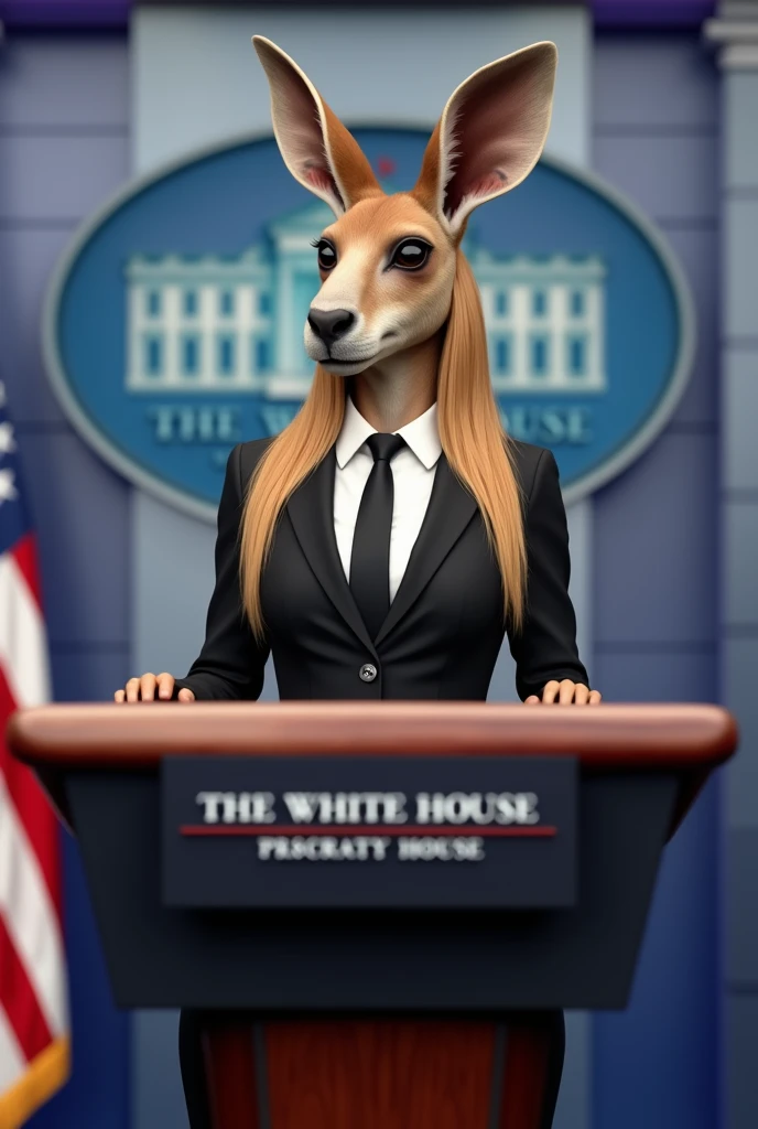 Create a hyper-realistic digital artwork of an anthropomorphic female kangaroo standing and delivering a speech at a formal podium inside the White House. The figure has a human-like, curvy, and feminine body with well-defined curves, medium-to-large breas...