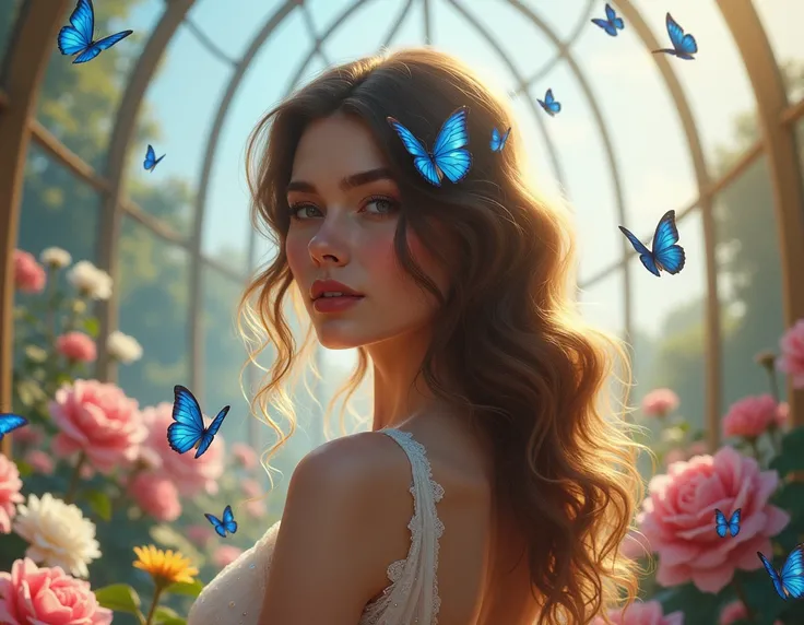 horizontal image.  Realistic Image, aesthetics.  Attention to detail,  detailed image , romantic and harmonious atmosphere, fashion, luxury.  Pose half a profile . Diagonal focus . Focus on a persons wavy hair where some butterflies perch on their strands....