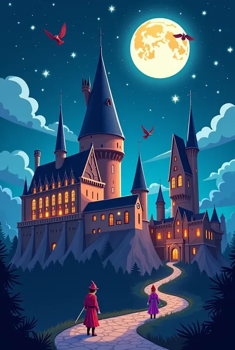 Cartoon drawing of Hogwarts with wizards, make sky night