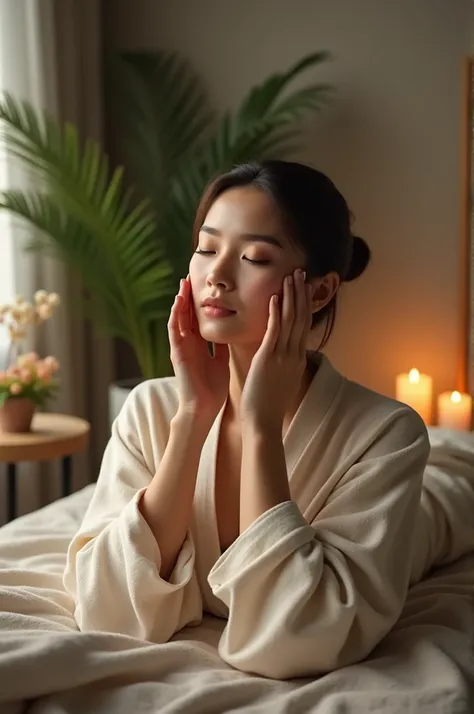 Create a lady performing face massage