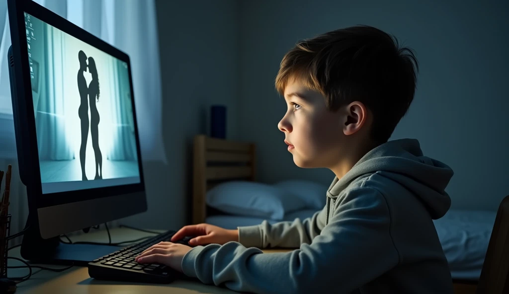  A scene in which a young boy is sitting in front of a computer in a cozy environment ,  with soft lighting coming from the computer screen . The boy is focused ,  with an attentive and focused look at the screen .  Your posture is relaxed ,  but still att...