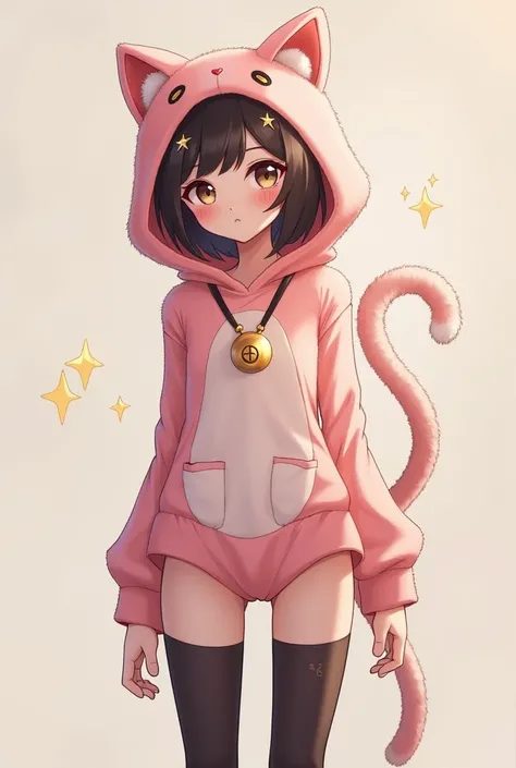 Femboy with a cute Kitty costume, star clips in his hair, some thin black leg warmers, the panties he wears have a cute mini skirt attached, he has some cute fingerless gloves, cute Kitty ears that include a kitty tail and a necklace with a bell.