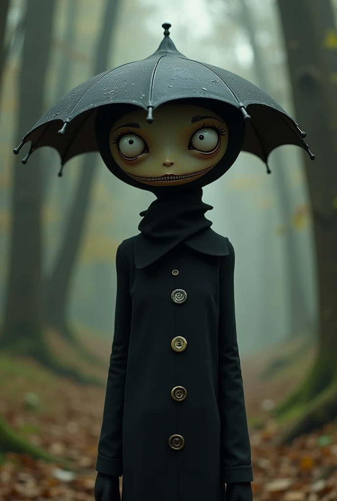 Crie um personagem no estilo de Gravity Falls,Hes Tall Skinny , with an umbrella with eyes,She has black clothes , his eyes are like buttons  