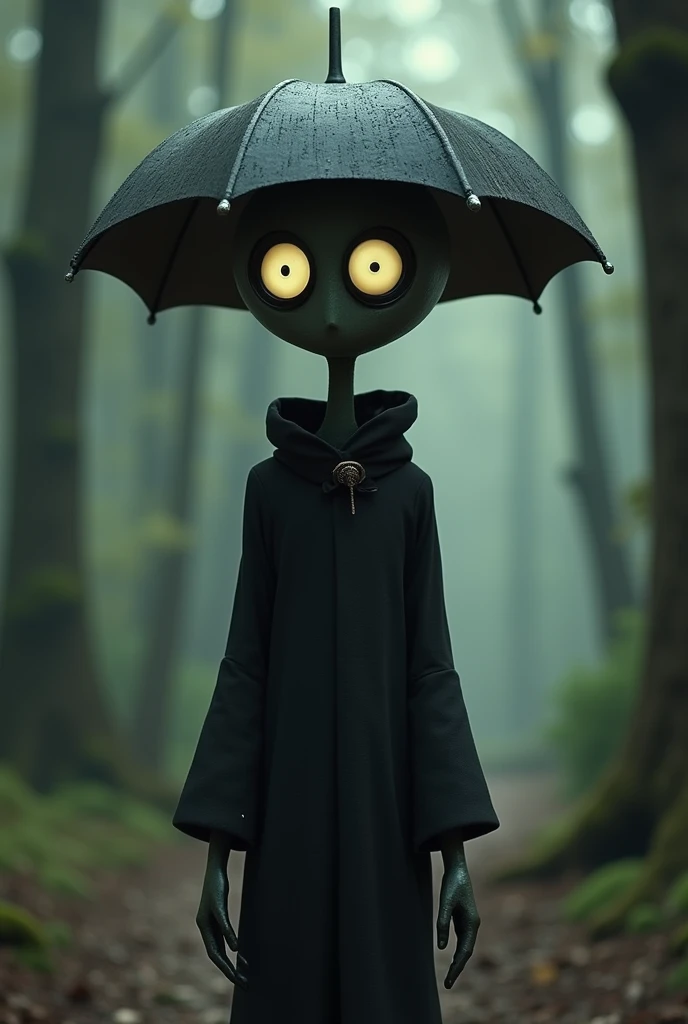 Crie um personagem no estilo de Gravity Falls,Hes Tall Skinny , with an umbrella with eyes,She has black clothes , his eyes are like buttons  