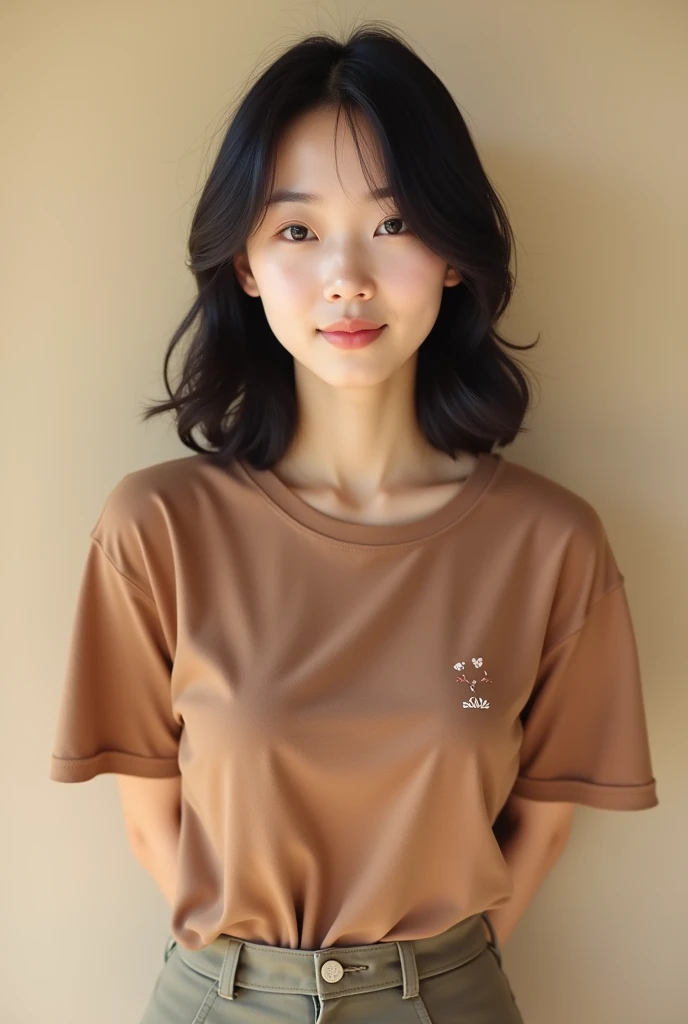 Headshot of a Japanese woman wearing a brown t-shirt with a cute pattern and chinos standing facing the front and stretching her chest with her hands behind her back