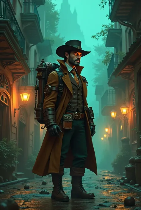 Crie um personagem no estilo de gravity Falls,um caçador de monstros steampunk