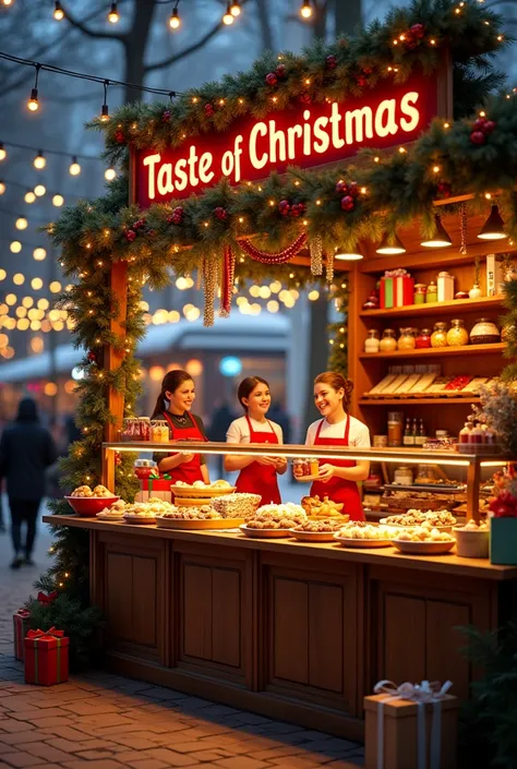  Create an image for a Christmas fair with the name  ,,Taste of Christmas "  and the following information
Head of Stand-Niculescu Andreea 10D

Volunteers - Sorescu Toni 10D
-Denisa 9D Bucket
-Sonya 9D Drag
-Dulgheru David 9A