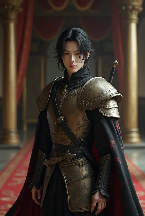 Male aristocrat, knight, refined, white skin, soft face, 45 years old, slightly Asian appearance, wearing a heavy tarzan, with a sword on his side, shoulder-length hair, black hair, looking directly at the camera, very thin, very narrow shoulders, black ey...