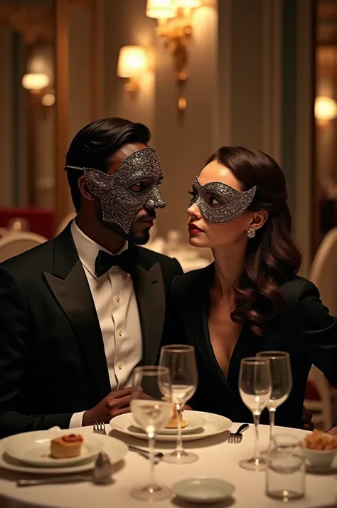 A well-groomed couple in one of a restaurant with conversational expressions but with theater masks on their faces