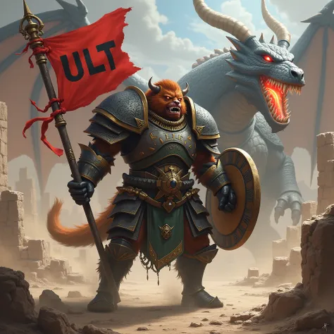 Raynor hero with samouraï armor, fuzzy, bestial, with a shield and a flag with word ULT, surrounded by ruins and desert, a scary dragon spitting fire in background, realistic 