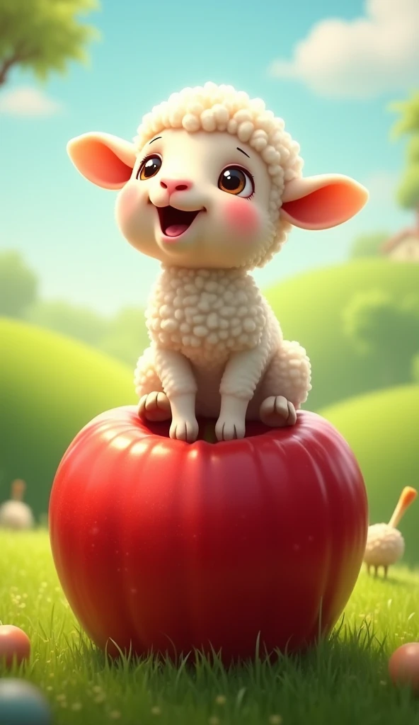  A baby sheep on top of an apple singing.