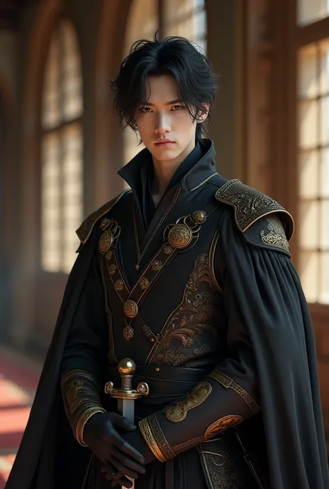 Male aristocrat, knight, refined, white skin, soft face, 45 years old, slightly Asian appearance, wearing a heavy tarzan, with a sword on his side, shoulder-length hair, black hair, looking directly at the camera, very thin, very narrow shoulders, black ey...