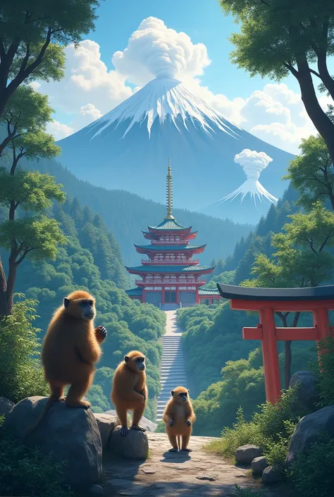 Trip to Japan with volcanoes, Tori, Tokyo, mountains, dense forest, Japanese temple, fumaloras, 3 Japanese monkeys