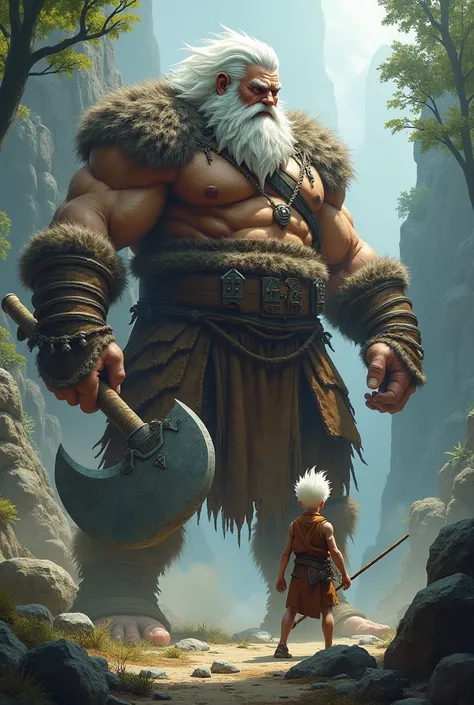   White boy skinny , Big boy giant ,  gigantic boy carrying a big axe bigger than him, with subtle white hair dressed as a thin and very large white Barbarian  (DnD)