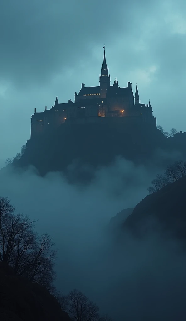 Images of Edinburgh Castle at night with fog and flickering lights