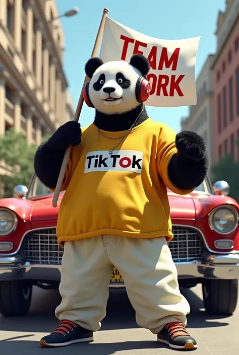 Big panda bear dressed in hip hop clothes and large headphones standing on the street in front of a red Cadillac with a stereo at his side and on his yellow shirt and large white pants the writing TikTok on the shirt with black letters and in his hand a la...