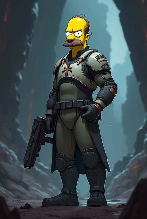 Flanders from the Simpsons as a Destiny 2 hunter dark background
