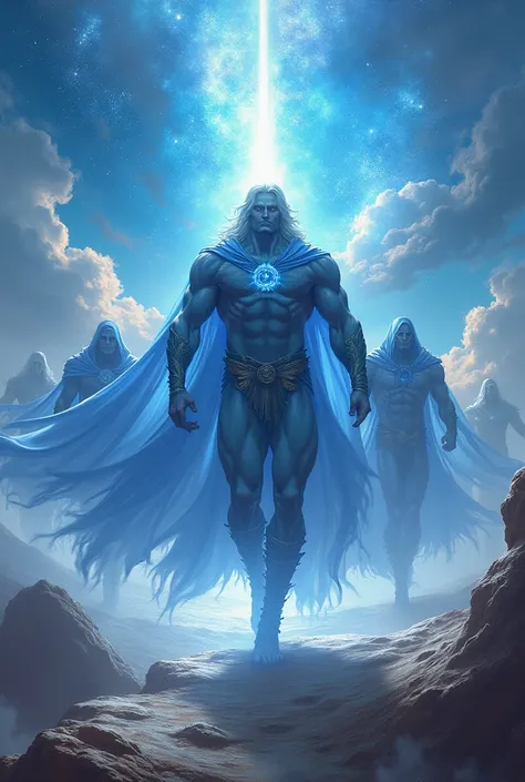 image of a group race of fantasy gods with strong bodies and 1000 meter tall wear divine blue cloak live in god realm