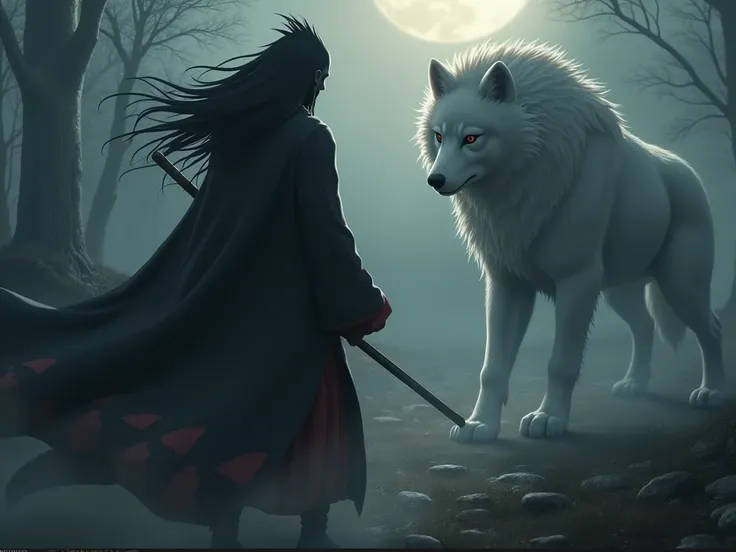 Madara uchiha lutando com lobo e ursos e entrou em clima de fera.  Intricately detailed characters, semi-realistic anime, award-winning digital art, cinematic lighting, dramatic composition, chiaroscuro, and muted colors. palette, dramatic shadows, etherea...