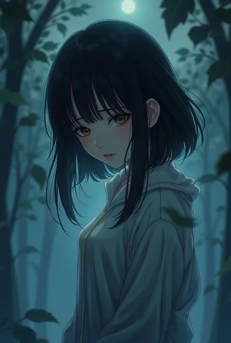 a girl with straight black hair but short to her shoulders ,  brown eyes on her back with her hair flying and her hands on her back, The background is a mix of blue colors and leaves blowing .  so that the image looks darker as if it were night . Make your...