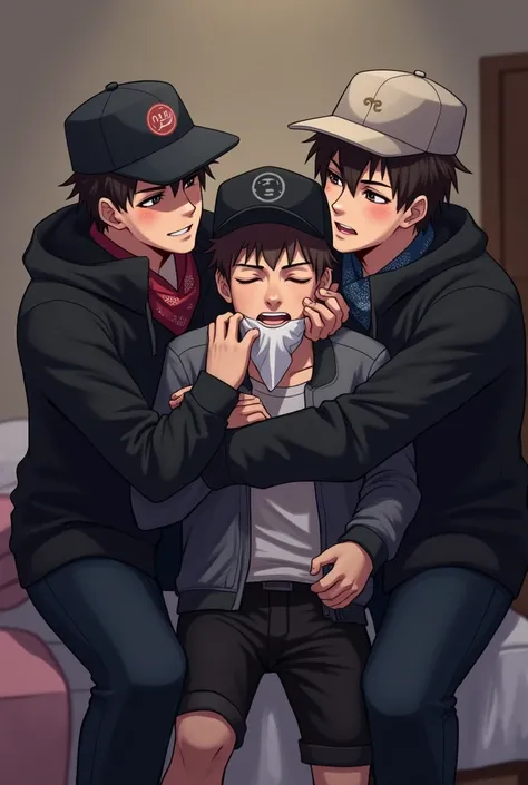 a 19-year-old young man wearing a cap, being napped by two handsome adult men around 20 years old. The two 20 year handsome nappers are wearing a cap, black jackets and bandanas. The 19 year young man is struggling against them as one of the 20 year handso...