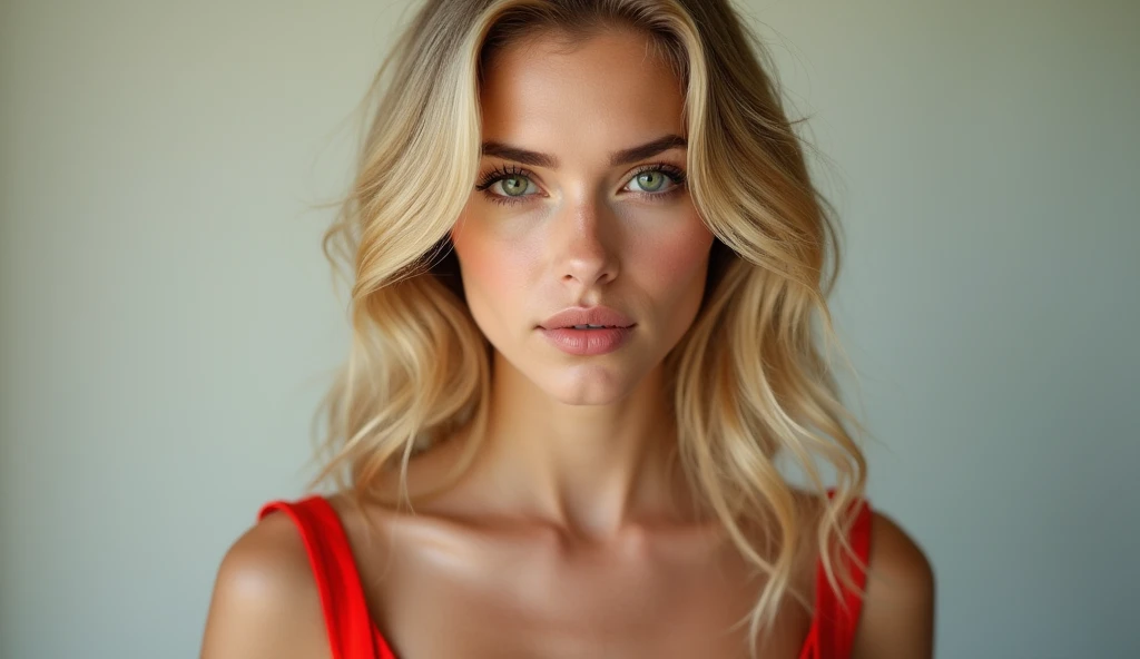  light green eyed blonde woman wearing a slightly rounded red dress , beautiful woman ,  looking directly at the camera  , Are you 23 years old  , 8k,  flashy neckline  