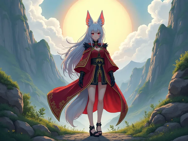 Semi-realistic illustration featuring a character with long, silver hair and fox ears, standing confidently in a mountainous landscape. The character has a light skin tone and sharp, determined facial features. They are dressed in a traditional red and bla...