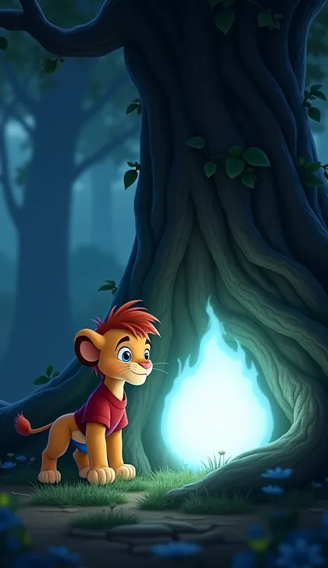 "The same Pixar-style cute lion cub with his fluffy mane, big blue eyes, red t-shirt, and blue shorts. He is cautiously approaching a glowing, ethereal white light near the base of an ancient, gnarled tree. The twisted roots of the tree are surrounded by t...