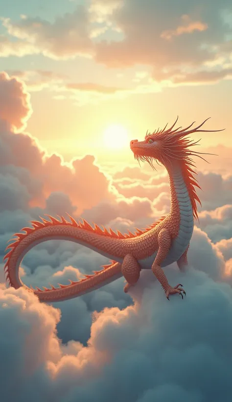   create beautiful sky images , Interesting passive ,  attractive looking realistic, Japanese dragon flying gracefully in the distance