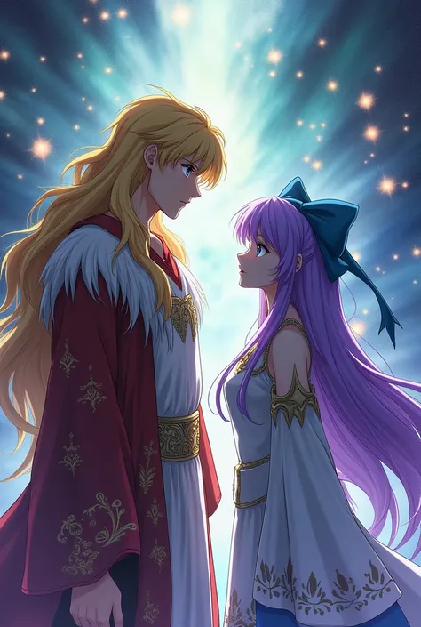 

Imagine Shaka from Virgo, a blond man with long hair and blue-eyed bangs , character from the anime Knights of the Zodiac Saint Seiya and Featherine Augustus Aurora by Umineko ,  woman with purple hair and bangs and purple eyes with a small bow similar t...