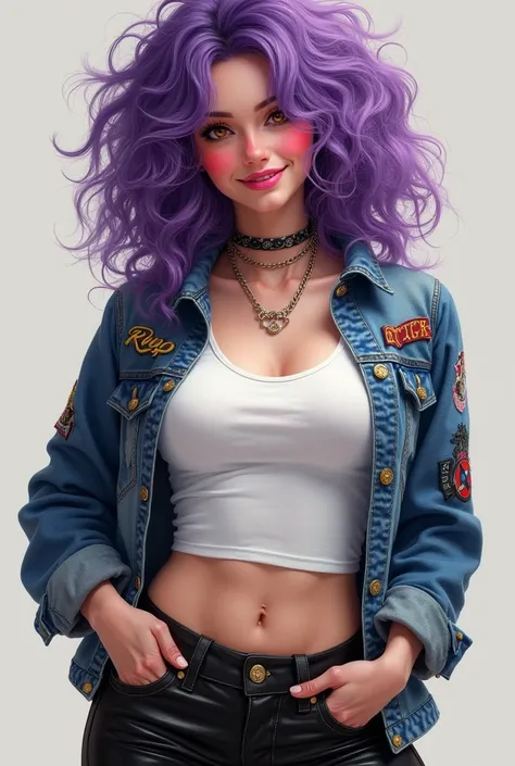  white-skinned woman, pink cheeks amber eyes ,  pink lips in a smile,  wild purple curly hair ,  small breasts ,  small waist ,  flat stomach thick hips ,  leather pants,  white t-shirt denim jacket with patches, rocker and rebellious woman 