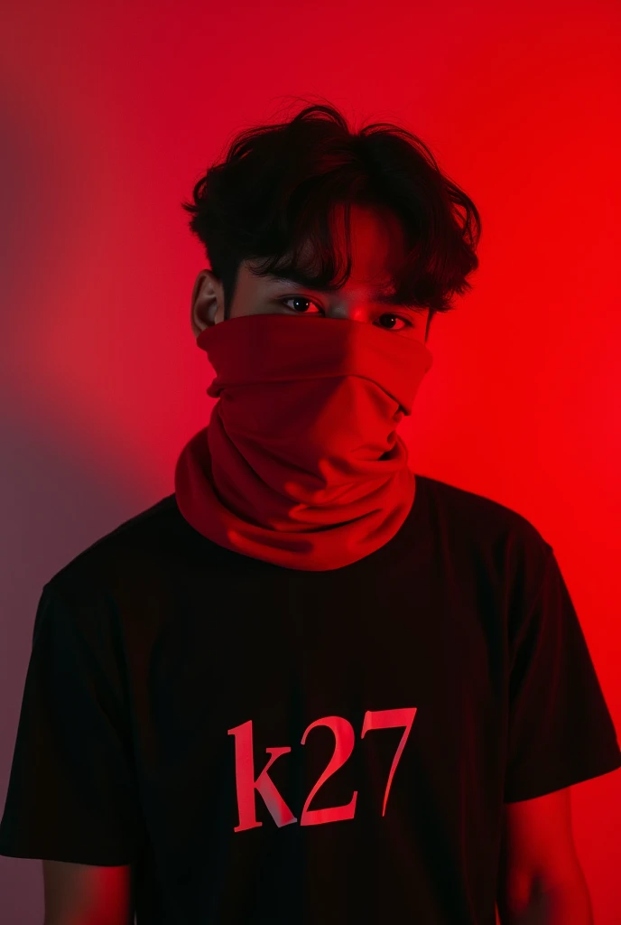 The scene you described has a striking visual composition. The red and white  in the background create a vivid contrast, while the red cloth obscuring the persons mouth and eye adds an element of mystery. The black t-shirt  text "K27"offers a stark contras...