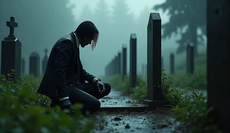 Keanu Reeves as John wick knee down in the graveyard rain drop falling. 