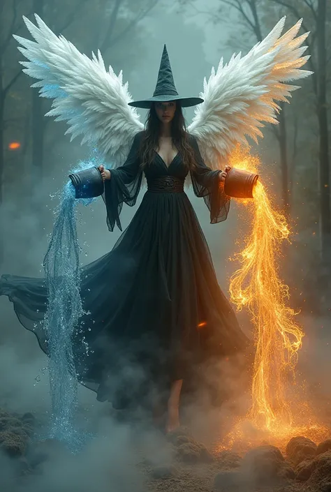 The Witch woman in a pointed hat with Angel wings in the air pours two jugs of water and fire, in s Water, overflowing jugs, combination of fire and water