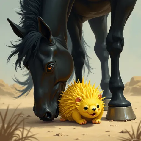 A yellow hedgehog is being cornered under the legs of a black horse